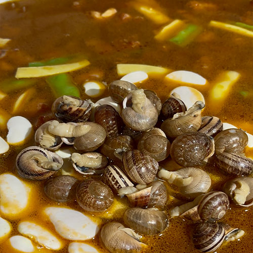 Add the water, snails, and garrofó
