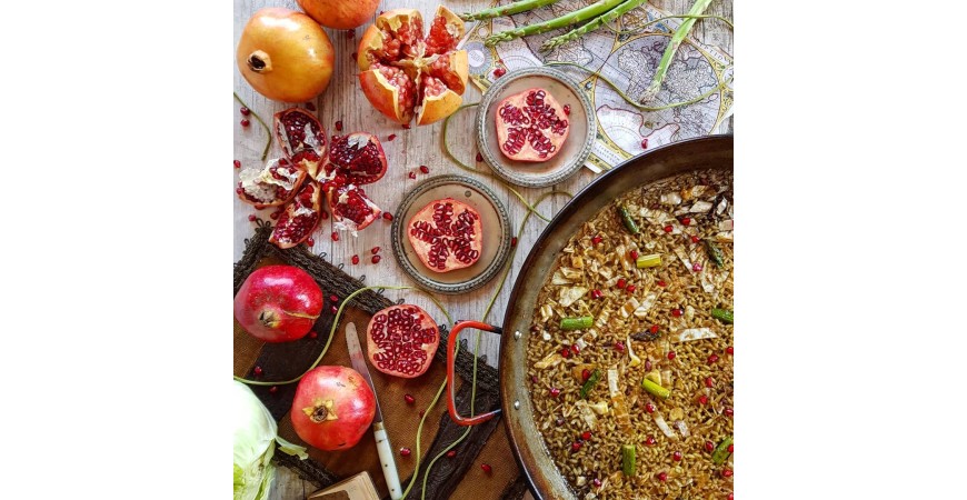 @ricepaella recipe: Pomegranate rice, cabbage and wild asparagus