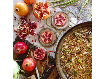 @ricepaella recipe: Pomegranate rice, cabbage and wild asparagus